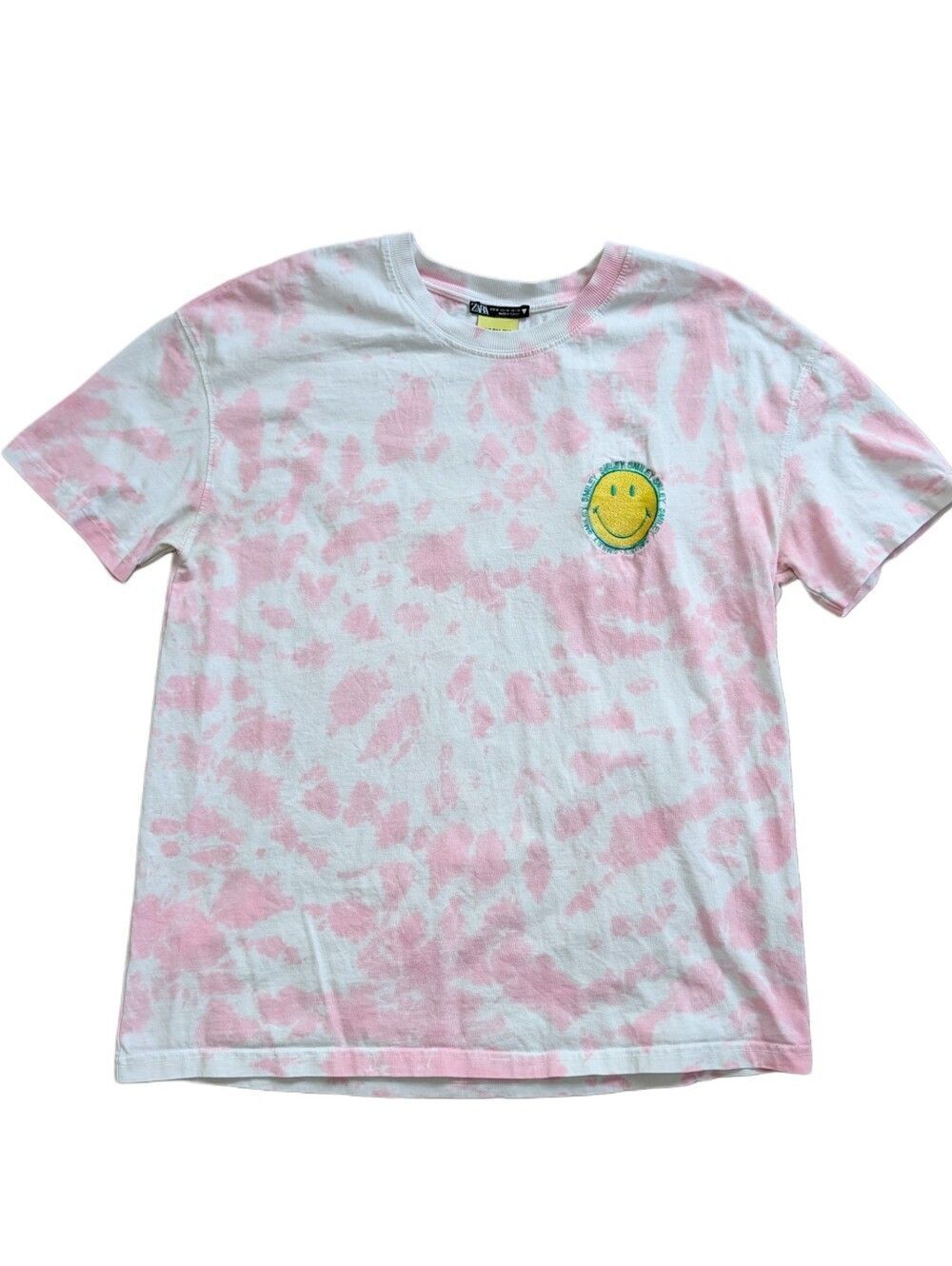 Zara x Smiley Womens Pink White Tie-Dye Festival Smile Graphic Tee Size Medium